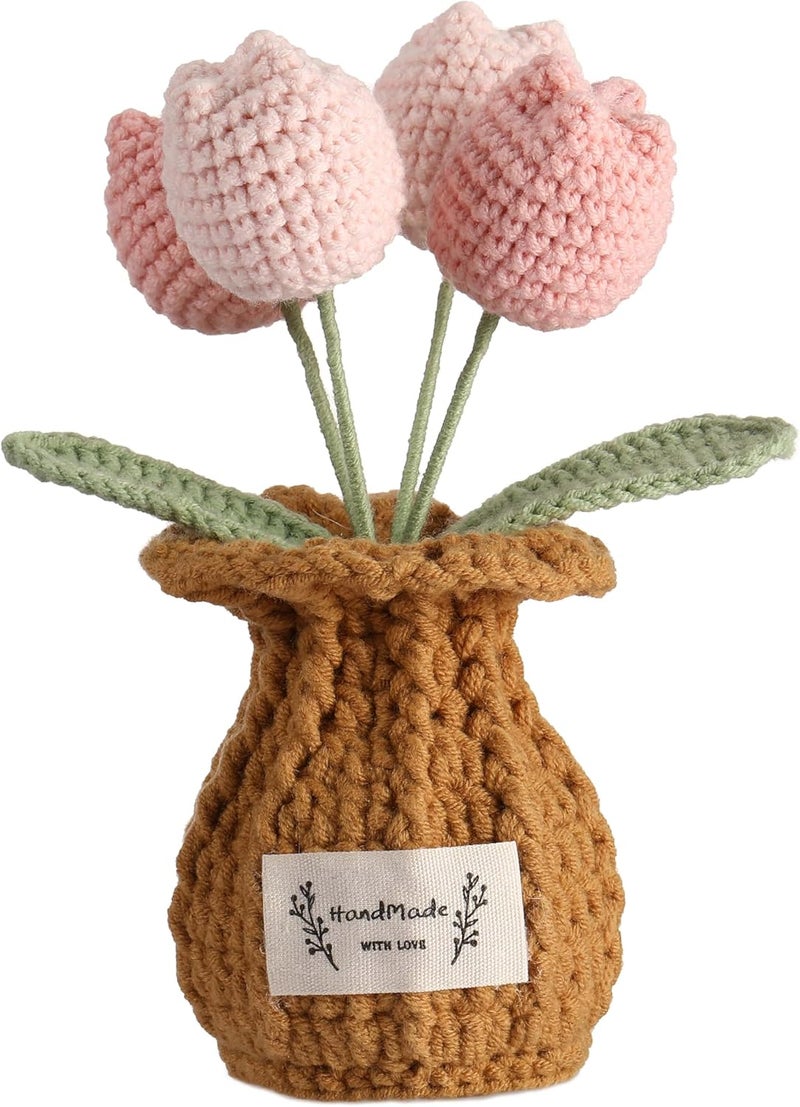 YOOJEE Christmas Crochet Flower Pot Stocking Stuffers Basket Gifts Coworker Handmade Knitted Pink Tulip Potted Flower for Women Teacher Friends Sister Birthday Wedding Home Holiday Cute Desk Decor - Image 1